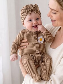 SHEIN 秋冬新生兒蝴蝶結印花可愛嬰兒連身衣+帽子 - 棕色 - 查看 4