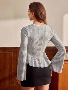 Vintamour Vintage French Casual Elegant Women's Fitted Ribbed Knit Blouse, Flared Sleeve, Ruffle Hem Skirt-Style Shirt, Light Grey Work Dinner Office Fall - Grey - View 2