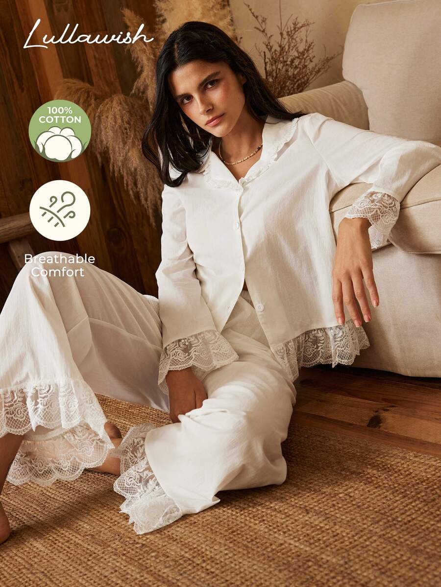 Lullawish Bohemian Vacation Casual Embroidered Lace Trim Ruffle Patchwork Loose Cotton Blend Woven Women's Pajama Set - White - View 1