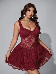 Viva Relle Burgundy Sheer Floral Lace Spaghetti Strap Mini Dress Scallop Lace Neckline Ruffled Voluminous Tier Hem Homecoming Holiday Cocktail Party Gown - Burgundy - View 1