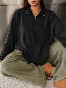 Muchica 大尺碼寬鬆休閒衛衣，適合秋冬穿著，水洗做舊復古風，立領拉鍊設計 - 黑色 - 查看 6