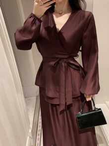 Dazy Tall Women's V-Neck Waist-Cinching Blouse And Long Skirt 2 Pieces Set Fall - Burgundy - View 4