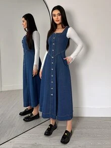 Flexra Early Autumn French Casual Sleeveless Denim Dress, 3D Stitching V-Neck Waist-Cinching Button-Front Vest Dress, Layering Outerwear Slimming Versatile Daily Travel Artistic Style Denim Dress - Dark Wash - View 7