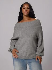Rustia Plus Size Minimalist Fashion Long Sleeve Pullover Sweater, Preppy Style Fall - Grey - View 3