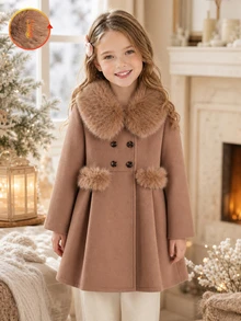 Elladie kids Mantel Panjang Anak Perempuan Warna Cokelat dengan Kerah Bulu, Saku, dan Hiasan Bulu, Jaket Wol Musim Gugur/Dingin Panjang Sedang - Mocha Brown - View 4
