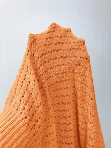 Vionelle 素色寬鬆鏤空大尺碼女款落肩套頭針織毛衣 - 橘色 - 查看 8