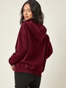 SHEIN BASICS 舒適抓絨落肩拉鍊連帽衛衣，秋冬長袖上衣 - 酒紅色 - 查看 3