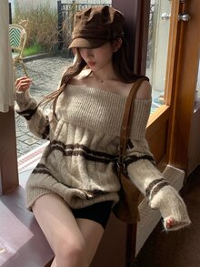 DAZY Women's Square Neck Striped Loose Casual Sweater Fall - Khaki - View 9