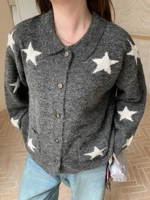Dazy Plus Korean Style Girl Casual Autumn/Winter New Collar Contrast Color Five-Point Star Jacquard Patchwork Long Sleeve Cardigan Sweater - Dark Grey - View 7