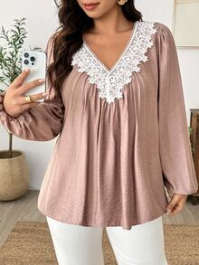 SHEIN LUNE Blus Longgar Lengan Panjang Berkerah V dengan Detail Renda dan Kerutan Ukuran Plus untuk Pakaian Kasual, Jalan-jalan, Kencan, Pesta, Perjalanan Sehari-hari, dan Pakaian Rumah Musim Gugur - Dusty Pink - View 3