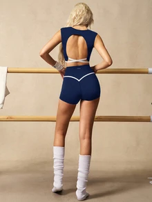VARSIVA Women's Backless Cropped Tank Top And Shorts Sports Activewear Set - Navy Blue - View 5