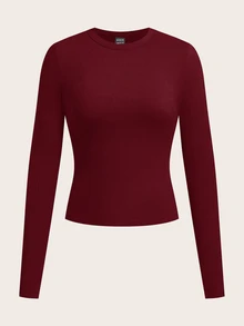 SHEIN BASICS 休閒純色針織圓領長袖修身女款T恤 日常穿搭 酒紅色 秋季 - 酒紅色 - 查看 1