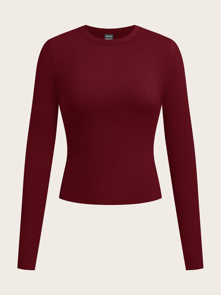 SHEIN BASICS 休閒純色針織圓領長袖修身女款T恤 日常穿搭 酒紅色 秋季 - 酒紅色 - 查看 1