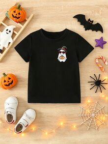(1件) 萬聖節男孩休閒簡約卡通幽靈巫師帽南瓜燈蝙蝠恐龍太陽眼鏡圖案黑色短袖T恤 - 黑色 - 查看 3