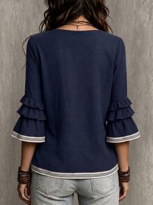 Glimmora Blus Wanita Musim Panas/Gugur Terbaru, Model French Casual, Longgar, Berkerut, Lengan 3/4 Mengembang, Warna Blok, Gaya Prancis, Lengan 3/4. - Navy Blue - View 2