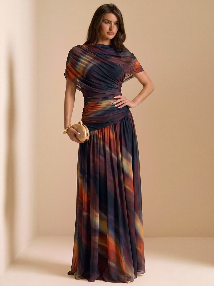 SHEIN BAE Autumn/Winter Brown Tie-Dye Tie Dye Print Ruched Fitted Slim Elegant Women's Extra Long Mesh Dress, Fitted Elegant Slim Dress, Draped Dress, Halloween Dress - Brown - View 3