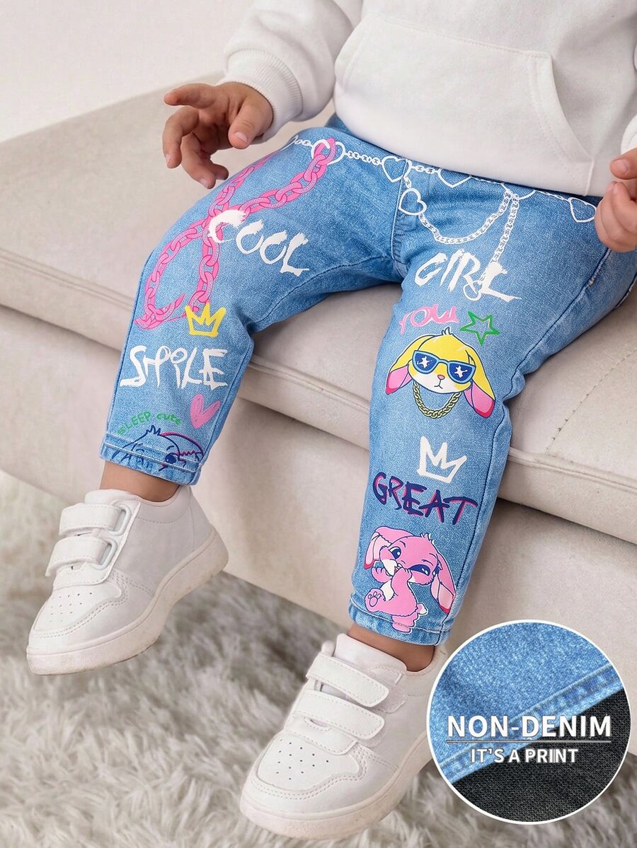 SHEIN 女嬰卡通圖案丹寧效果印花長褲,適合日常穿著 - 藍色 - 查看 1