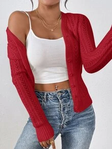 SHEIN Frenchy 女款純色長袖單排扣鏤空針織開襟衫 - 紅色 - 查看 3