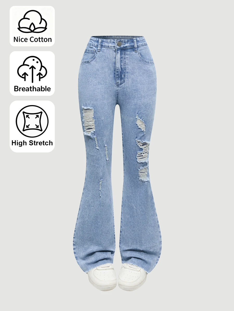 SHEIN 青少年女孩 Y2K 時尚百搭重磅水洗彈性喇叭腿牛仔褲 - 淺色水洗藍 - 查看 1