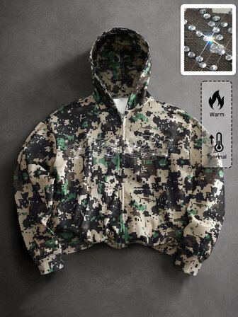 Street Life Herren Strass-Design Camouflage Langarm Reißverschluss Kapuzen-Sweatshirt
