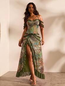 Opulessa Spring/Summer Vacation Knit Mesh Printed Slit Dress For Women - Multicolor - View 5