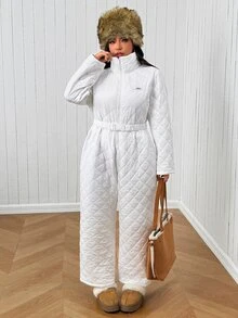 SHEIN EZwear Plus Size Women's Zipper Front Long Sleeve Casual Jumpsuit, Autumn/Winter - White - View 5