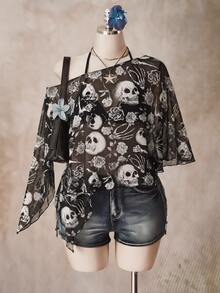 SHEIN CURVE+ Plus Size Halloween Skeleton Print Mesh Top For Women - Multicolor - View 4