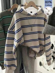 Muchica 80%棉女款休閒街頭風寬鬆衛衣，秋季服飾，美式復古條紋，2026，Y2K，基礎款，日常校園藍白配色 - 彩色 - 查看 2