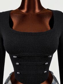 Mistrie Sweater Wanita Polos Leher Persegi Lengan Panjang dengan Kancing dan Potongan Pas Badan - Hitam - View 7