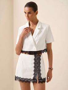 Briarwyn Women's French Lace Patchwork Button Jacket And Slit Mini Skirt 2 Pieces Set - White - View 4