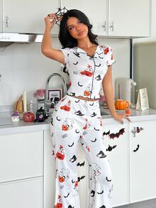 ZzzCrew Halloween Fun Pumpkin & Ghost Print, Exquisite Ruffle Short Sleeve + Slimming Flare Pants Loungewear Pajama Set - White - View 1