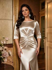 SHEIN Lady Plus Size Elegant Satin Pleated Front Slit Dress Fall - Gold - View 5