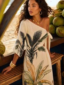 CAJUNI Chic Vacation Tropical Illustration One Shoulder Sleeve Dress - Multicolor - View 5