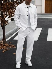 Manfinity CasualCool 男士針織紋理前開鈕扣設計 白色經典百搭秋冬休閒夾克 2件套 - 白色 - 查看 3
