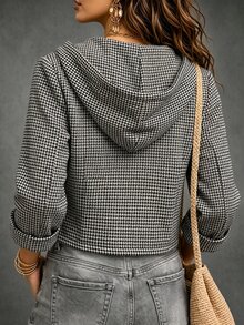 SHEIN Topi Wanita Motif Houndstooth Vintage Prancis dengan Desain Telinga Kelinci dan Tali, Kancing Tunggal, Saku 3D, Gaya Retro Kolegiat, Bahan Wol Serbaguna - Coklat - View 2