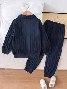 2pcs/Set Boys' Sweatshirt & Pants Set, Autumn/Winter New Knit Ribbed Ribbed Fabric Long Sleeve Polo Collar Sweatshirt & Long Pants Set, Comfortable Casual Outfit, Suitable For Daily Wear, Home Wear, Brother Outfit, Soft And Comfortable Fabric, Suitable For Autumn/Winter Wear, Suitable For Boys' Daily Wear - Navy Blue - View 2