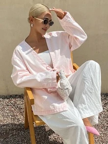 Livesso Tall Jaket Wanita Model Liburan Warna Pink dengan Kerah V dan Lengan Panjang Longgar untuk Musim Gugur - Berwarna merah muda - View 6