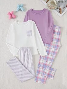 Girls Purple Solid Color Top + Plaid Long Pants Set, White Top With English Letter + Eyelash Print + Plaid Long Pants + Hair Scrunchie 4-Piece Set - Multicolor - View 1
