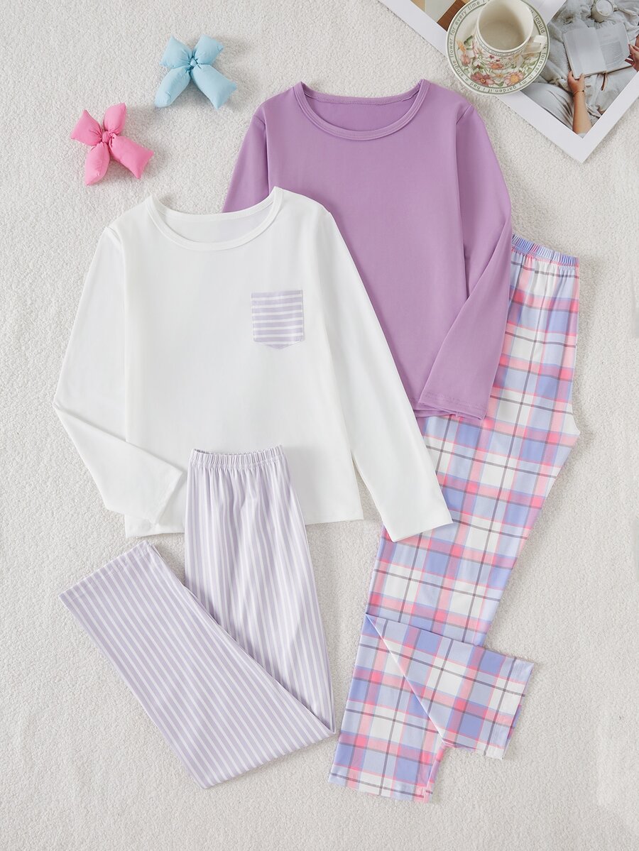 Girls Purple Solid Color Top + Plaid Long Pants Set, White Top With English Letter + Eyelash Print + Plaid Long Pants + Hair Scrunchie 4-Piece Set - Multicolor - View 1