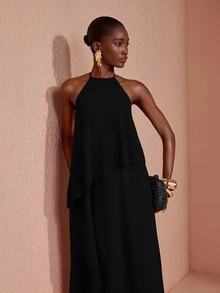 JIAN LASALA Black Chiffon Halter Neck Sleeveless Overlapped Ruffle Hem Long Dress Party Elegant Vacation - Black - View 6