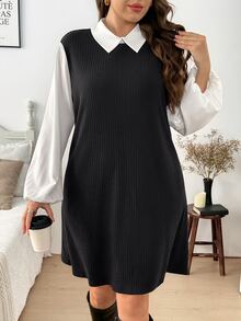 Easowa Curve Gaun Wanita Ukuran Besar dengan Warna Kontras Hitam & Putih, Musim Gugur/Dingin - Hitam dan Putih - View 3