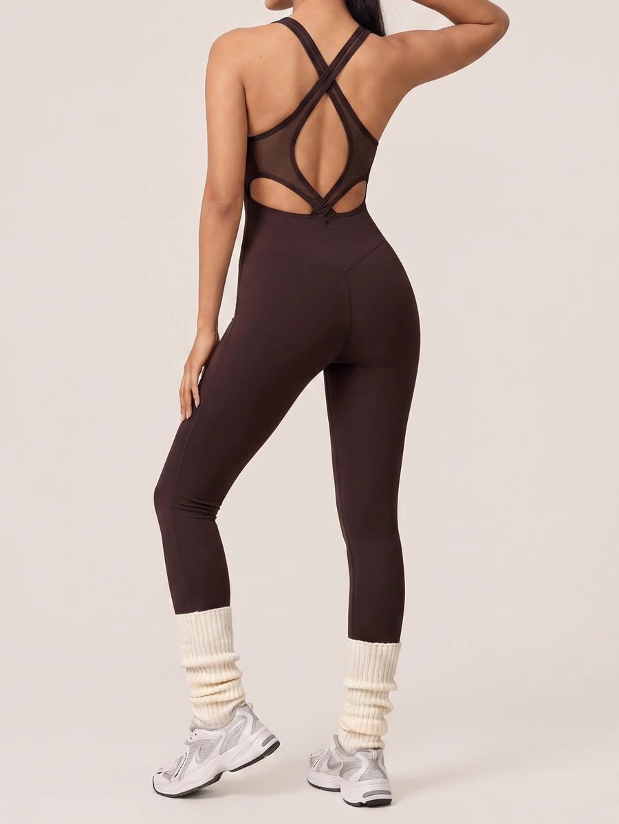SHEIN BAE 女款深棕色露背運動連身衣 健身訓練跑步瑜伽運動緊身衣