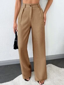 SHEIN Plus Size Women's Solid Slant Pocket Straight Leg Casual Racing Pants Office Brunch Brown Summer - Camel - View 5