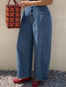 Dazy Plus Solid Color Loose Curved Leg Casual Streetwear Summer Denim Cropped Jeans Fall - Medium Wash - View 3