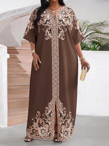 SHEIN Lady 大尺碼優雅佩斯利印花派對洋裝 - 棕色 - 查看 4