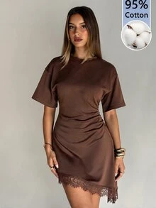 Aloruh 女款優雅休閒圓領無袖蕾絲拼接迷你洋裝，深棕色，適合早午餐與夏季 - 摩卡棕 - 查看 8