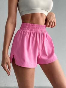 SHEIN Sovereign Charm 純色側開衩休閒運動短褲 - 粉色 - 查看 3