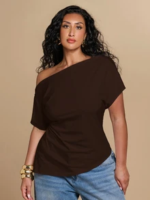 SHEIN BAE CURVE 大尺碼女款純色休閒百搭日常穿著上衣 - 摩卡棕 - 查看 2
