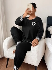 Napfluff CURVE Napfluff CURVE Plus Size Women's Heart Print Striped Patchwork Pajama Set, Casual Loungewear - Black - View 4