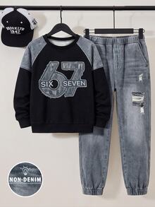 Casuvi Kids Teen Boys 2-Piece Sweatshirt Set, Denim Look Digital Print Patchwork Black Sweatshirt With Number 67, Distressed Print Joggers, Streetwear - Multicolor - View 3